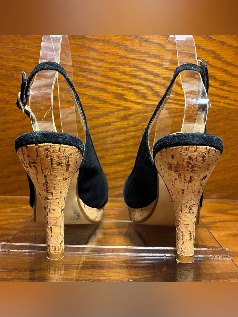 Y2K Steve Madden Cork Platform Slingback Peep Toe Heels Black Suede Size 8